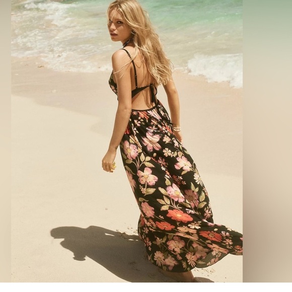 Free People Wisteria Black Floral Maxi Dress open back small S P adjustable - Picture 8 of 14